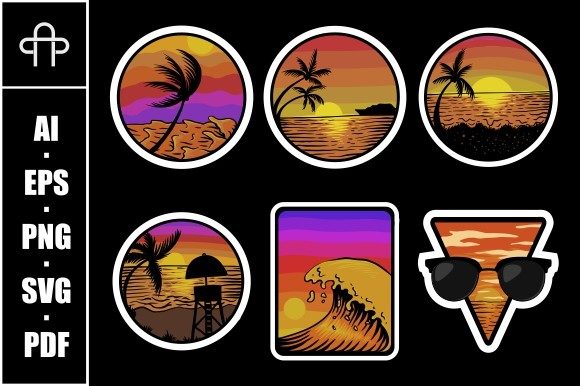 Beach Sunset Retro Stickers Vector
