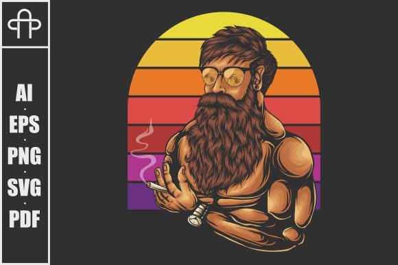 Mustache and Beard Man Head Retro