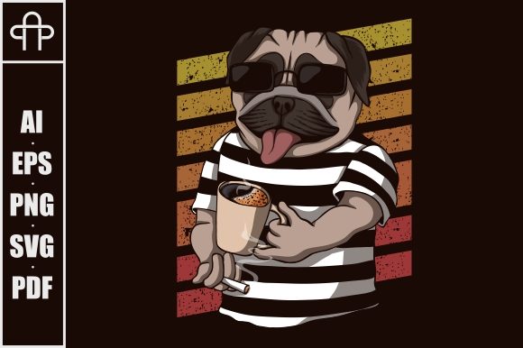 Pug Dog Drinking Coffee Retro