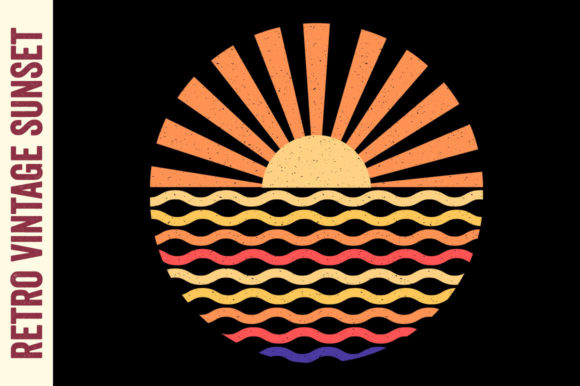 Retro Sunset Vintage Sun Rays Beach Wave
