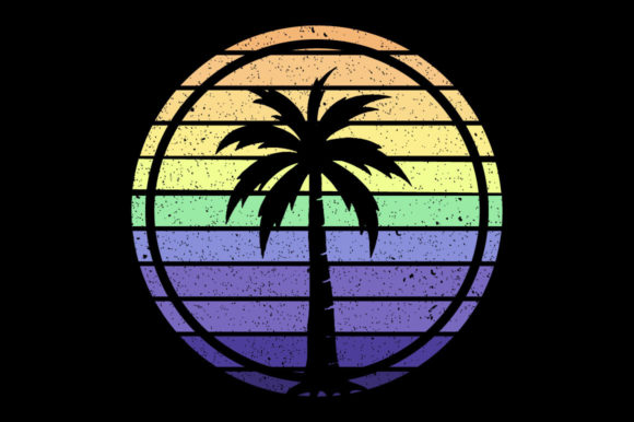 Retro Vintage Sunset Palm Tree, Monogram